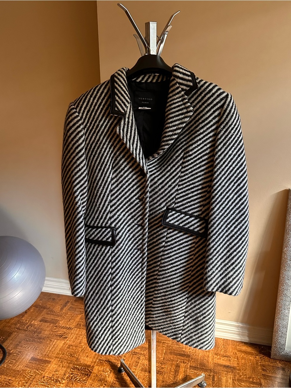 Vertigo Paris Black and White Diagonal Stripe Pea Coat